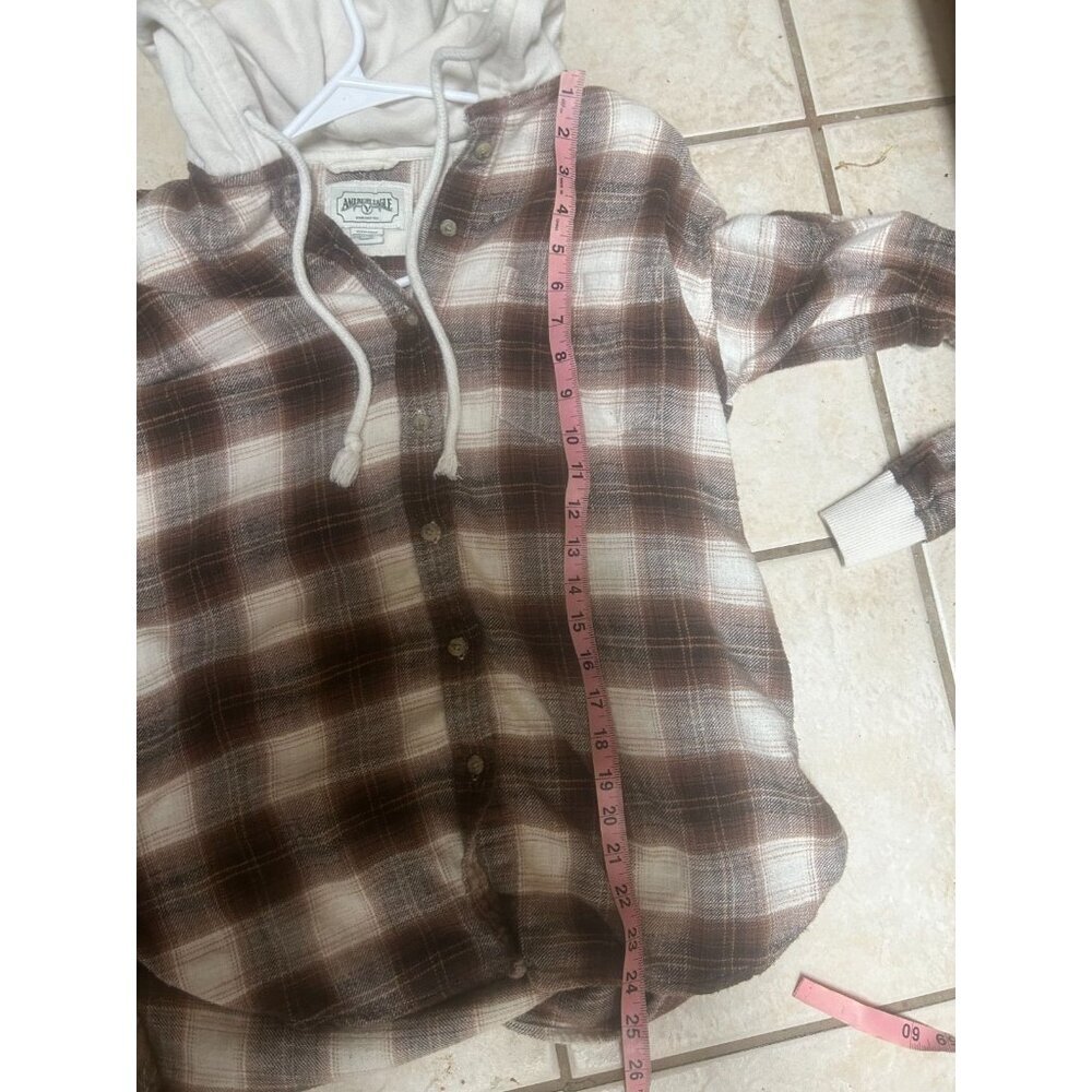 American Eagle Brown Plaid Hooded Flannel shacket Button Down oversize XS - Picture 7 of 7